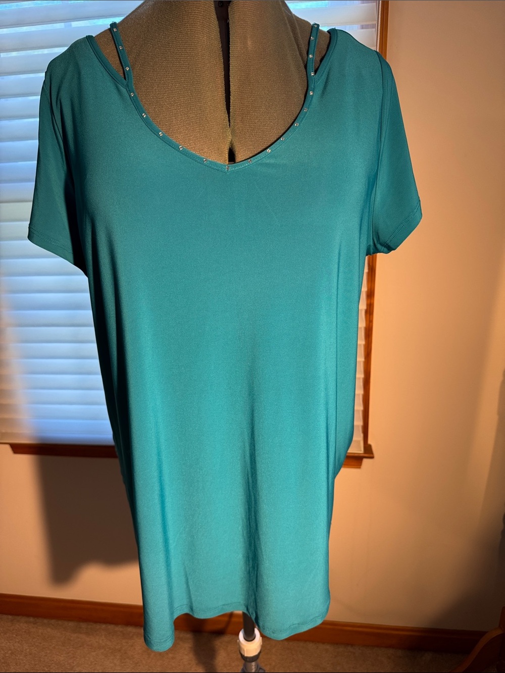 Onia Teal Short-Sleeve V-Neck Top with Stud Accent